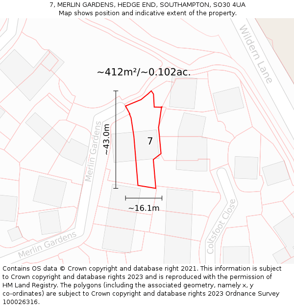 7, MERLIN GARDENS, HEDGE END, SOUTHAMPTON, SO30 4UA: Plot and title map