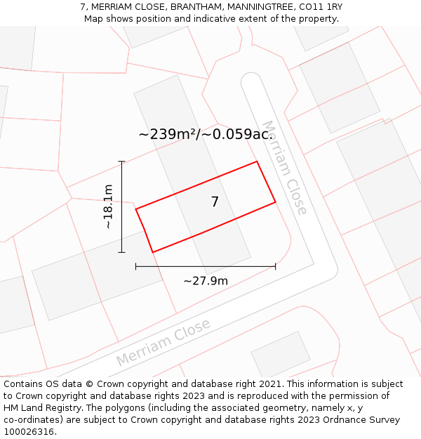 7, MERRIAM CLOSE, BRANTHAM, MANNINGTREE, CO11 1RY: Plot and title map