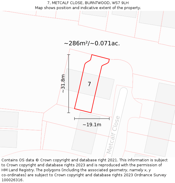7, METCALF CLOSE, BURNTWOOD, WS7 9LH: Plot and title map