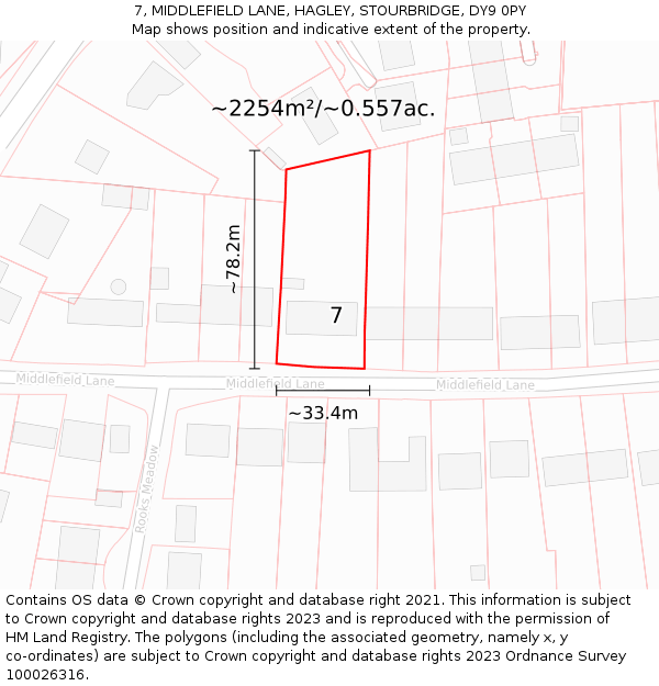 7, MIDDLEFIELD LANE, HAGLEY, STOURBRIDGE, DY9 0PY: Plot and title map