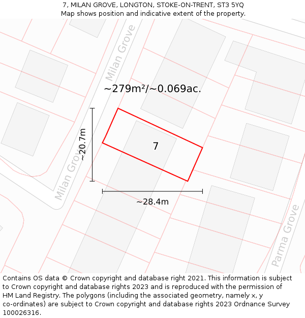 7, MILAN GROVE, LONGTON, STOKE-ON-TRENT, ST3 5YQ: Plot and title map