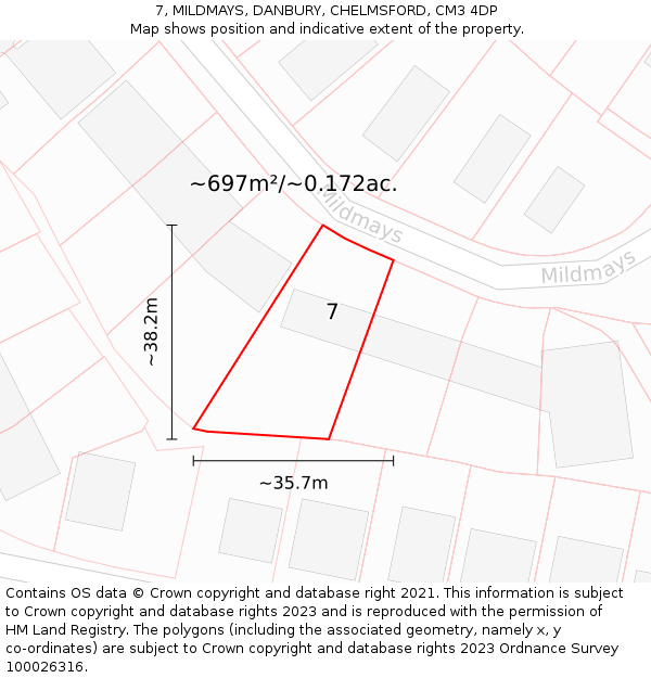 7, MILDMAYS, DANBURY, CHELMSFORD, CM3 4DP: Plot and title map