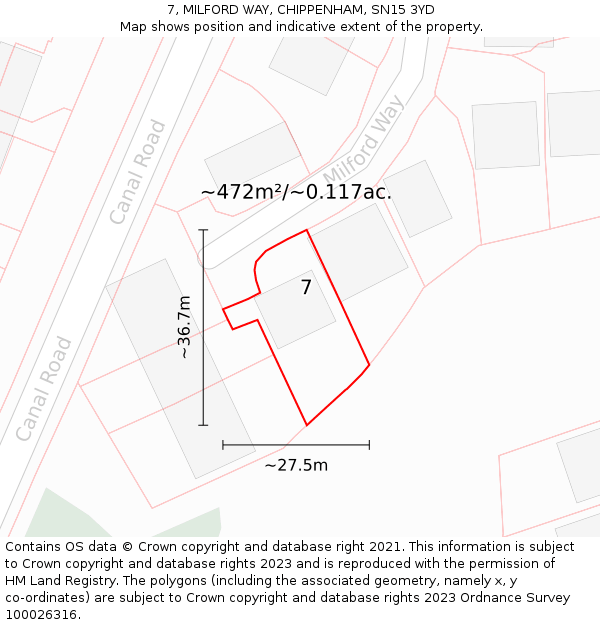 7, MILFORD WAY, CHIPPENHAM, SN15 3YD: Plot and title map