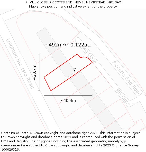 7, MILL CLOSE, PICCOTTS END, HEMEL HEMPSTEAD, HP1 3AX: Plot and title map