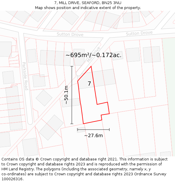 7, MILL DRIVE, SEAFORD, BN25 3NU: Plot and title map