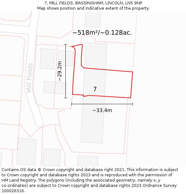 7, MILL FIELDS, BASSINGHAM, LINCOLN, LN5 9NP: Plot and title map