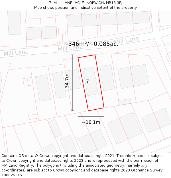 7, MILL LANE, ACLE, NORWICH, NR13 3BJ: Plot and title map