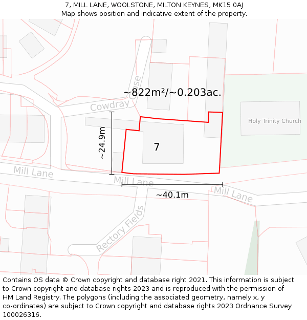 7, MILL LANE, WOOLSTONE, MILTON KEYNES, MK15 0AJ: Plot and title map