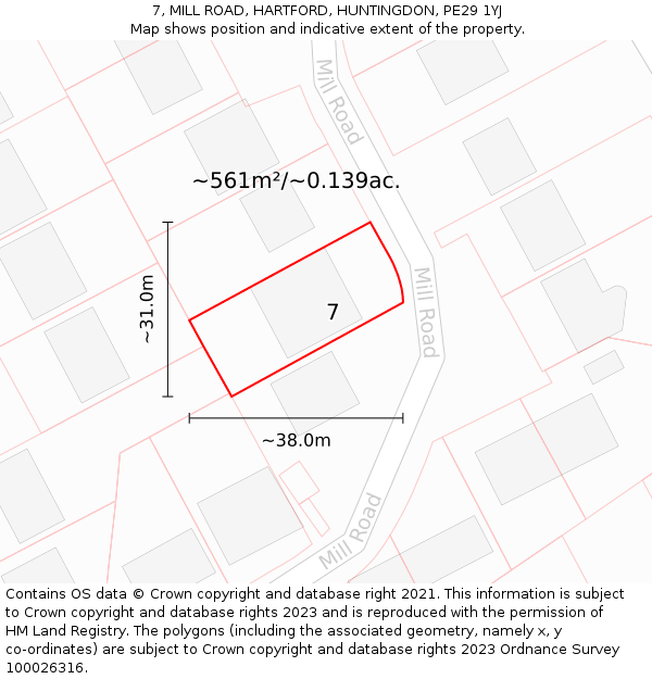 7, MILL ROAD, HARTFORD, HUNTINGDON, PE29 1YJ: Plot and title map