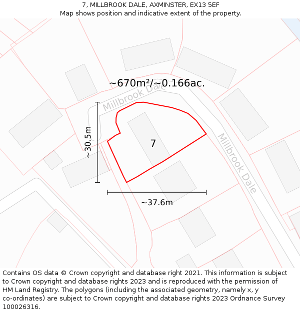 7, MILLBROOK DALE, AXMINSTER, EX13 5EF: Plot and title map