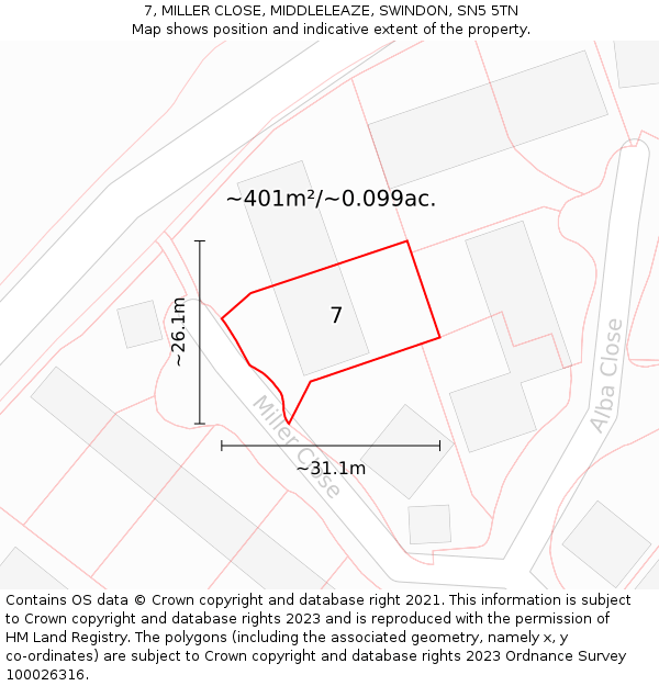 7, MILLER CLOSE, MIDDLELEAZE, SWINDON, SN5 5TN: Plot and title map