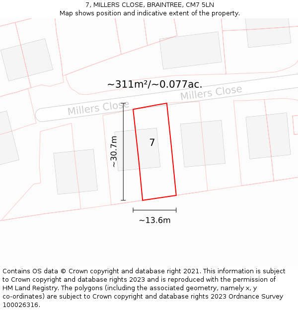 7, MILLERS CLOSE, BRAINTREE, CM7 5LN: Plot and title map