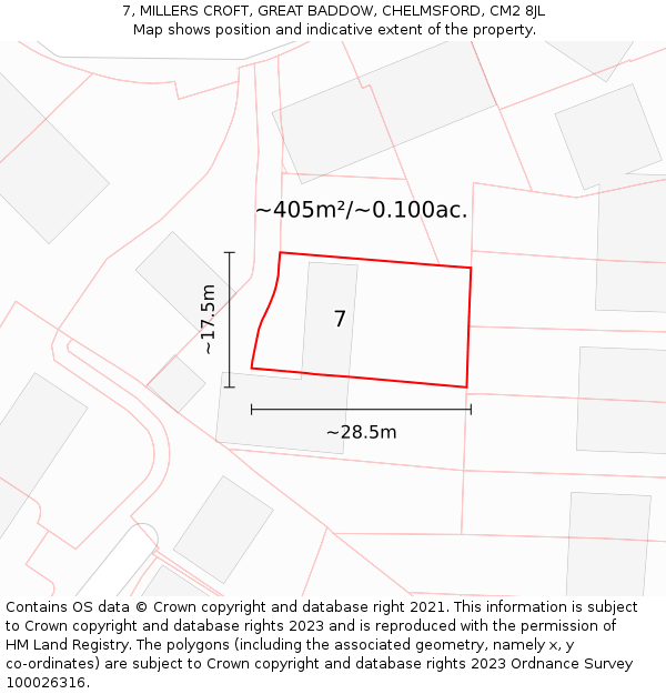 7, MILLERS CROFT, GREAT BADDOW, CHELMSFORD, CM2 8JL: Plot and title map