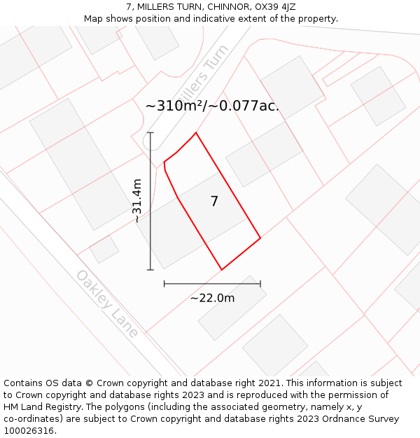 7, MILLERS TURN, CHINNOR, OX39 4JZ: Plot and title map