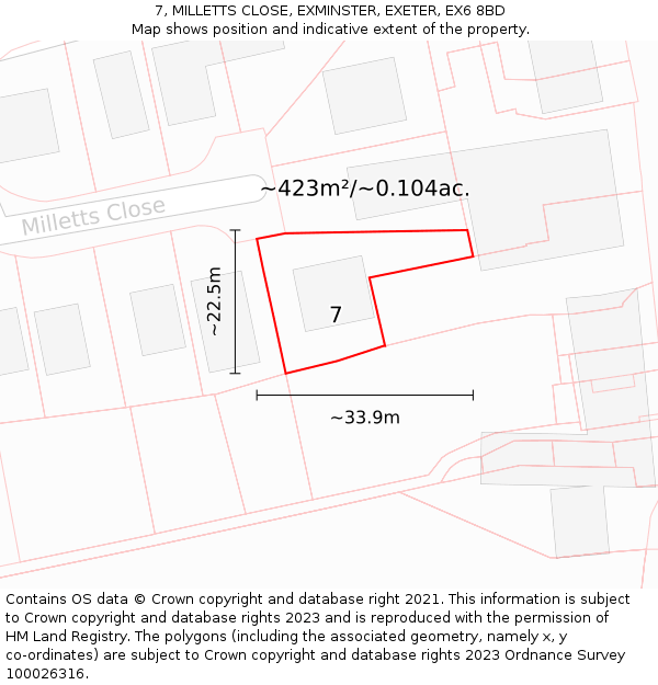 7, MILLETTS CLOSE, EXMINSTER, EXETER, EX6 8BD: Plot and title map