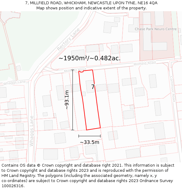 7, MILLFIELD ROAD, WHICKHAM, NEWCASTLE UPON TYNE, NE16 4QA: Plot and title map