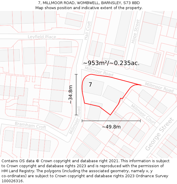 7, MILLMOOR ROAD, WOMBWELL, BARNSLEY, S73 8BD: Plot and title map