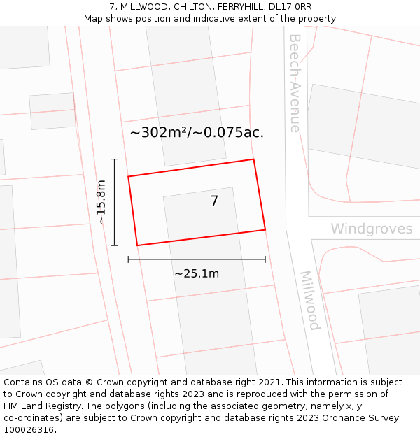 7, MILLWOOD, CHILTON, FERRYHILL, DL17 0RR: Plot and title map
