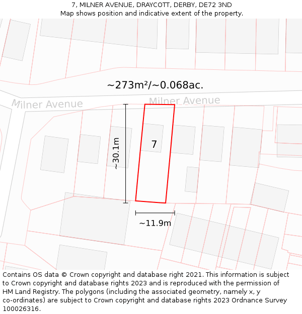 7, MILNER AVENUE, DRAYCOTT, DERBY, DE72 3ND: Plot and title map
