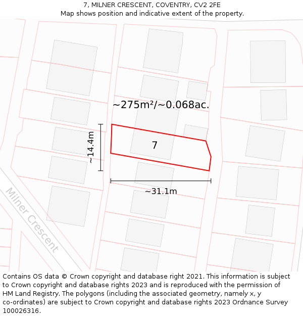 7, MILNER CRESCENT, COVENTRY, CV2 2FE: Plot and title map