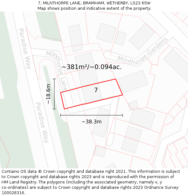 7, MILNTHORPE LANE, BRAMHAM, WETHERBY, LS23 6SW: Plot and title map