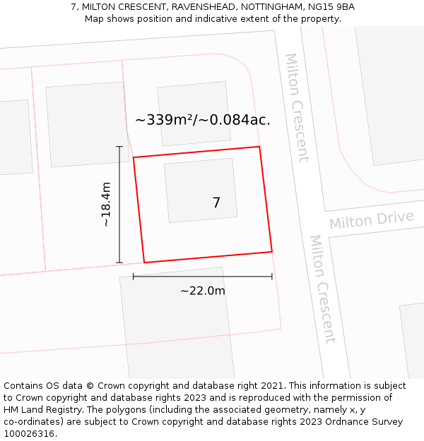 7, MILTON CRESCENT, RAVENSHEAD, NOTTINGHAM, NG15 9BA: Plot and title map