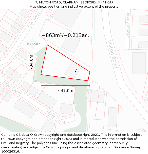 7, MILTON ROAD, CLAPHAM, BEDFORD, MK41 6AP: Plot and title map