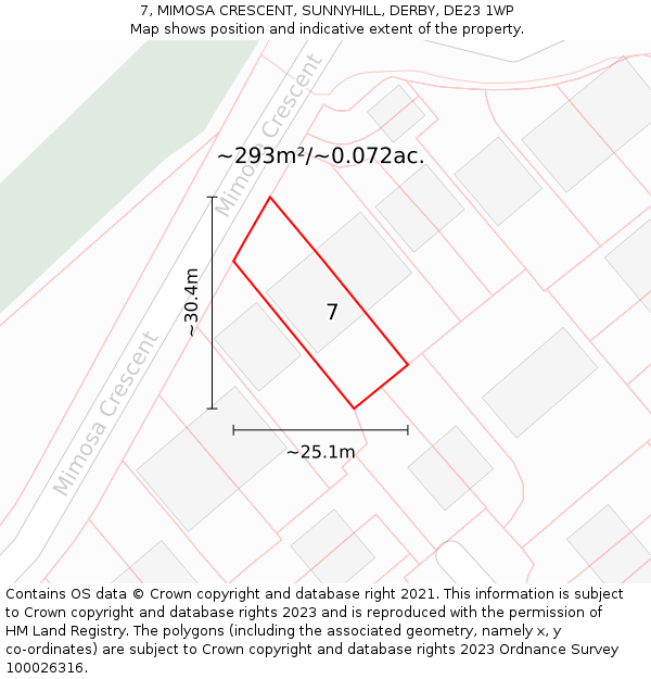 7, MIMOSA CRESCENT, SUNNYHILL, DERBY, DE23 1WP: Plot and title map