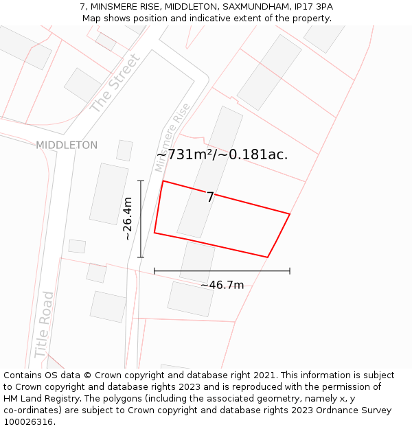 7, MINSMERE RISE, MIDDLETON, SAXMUNDHAM, IP17 3PA: Plot and title map