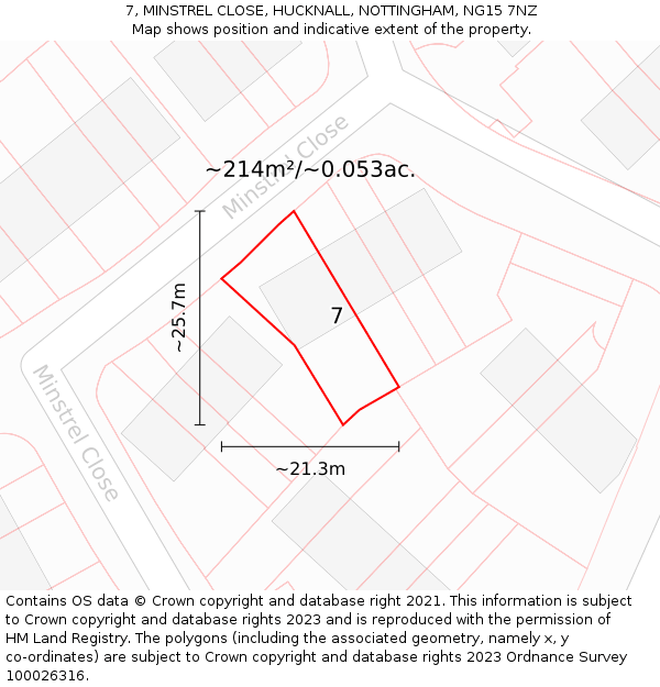 7, MINSTREL CLOSE, HUCKNALL, NOTTINGHAM, NG15 7NZ: Plot and title map