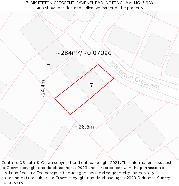 7, MISTERTON CRESCENT, RAVENSHEAD, NOTTINGHAM, NG15 9AX: Plot and title map