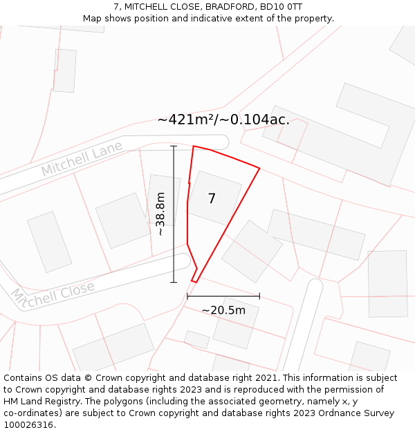 7, MITCHELL CLOSE, BRADFORD, BD10 0TT: Plot and title map