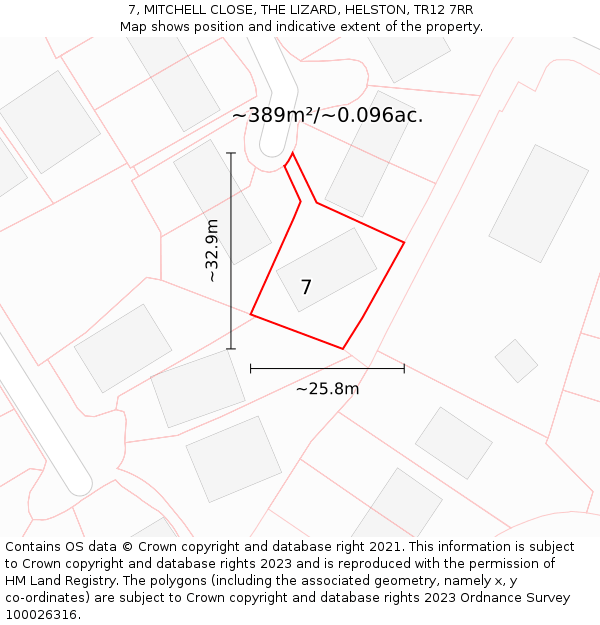 7, MITCHELL CLOSE, THE LIZARD, HELSTON, TR12 7RR: Plot and title map