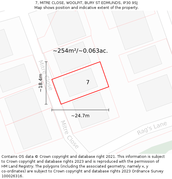 7, MITRE CLOSE, WOOLPIT, BURY ST EDMUNDS, IP30 9SJ: Plot and title map