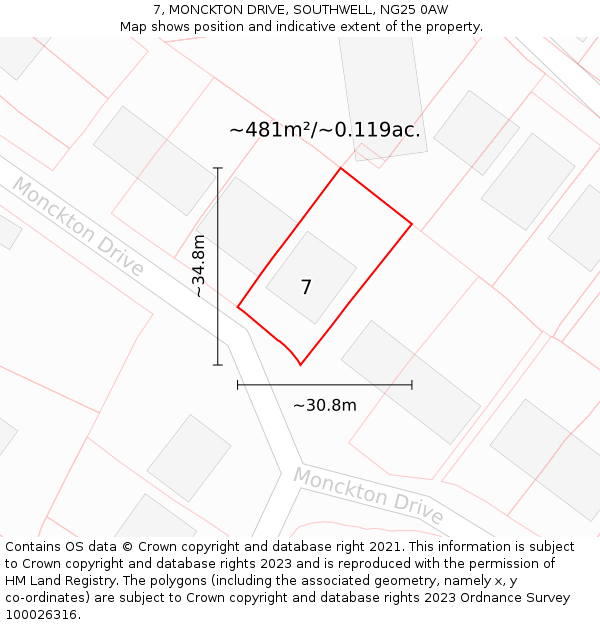 7, MONCKTON DRIVE, SOUTHWELL, NG25 0AW: Plot and title map