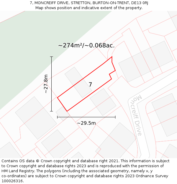 7, MONCREIFF DRIVE, STRETTON, BURTON-ON-TRENT, DE13 0RJ: Plot and title map