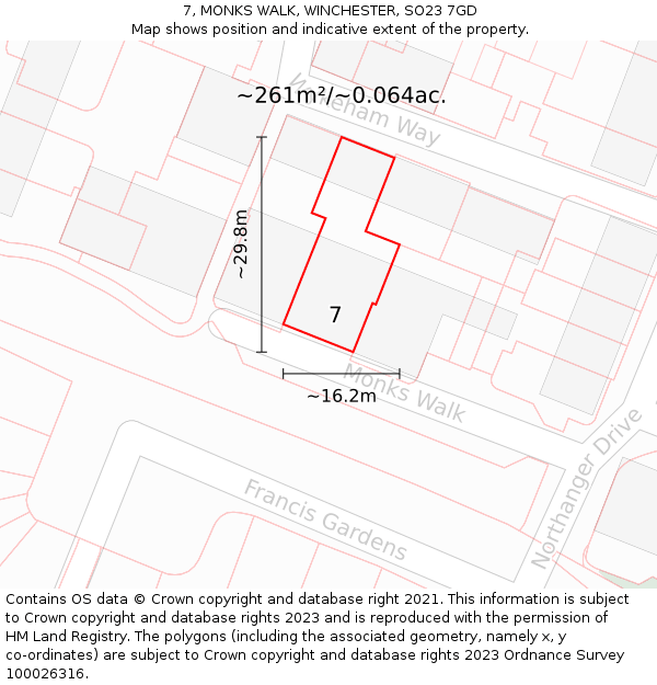 7, MONKS WALK, WINCHESTER, SO23 7GD: Plot and title map