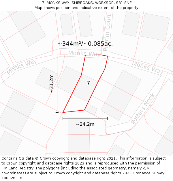 7, MONKS WAY, SHIREOAKS, WORKSOP, S81 8NE: Plot and title map