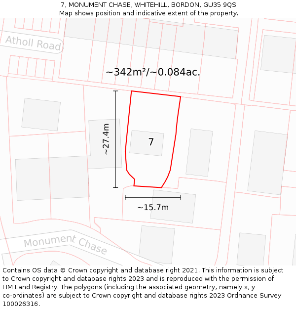7, MONUMENT CHASE, WHITEHILL, BORDON, GU35 9QS: Plot and title map