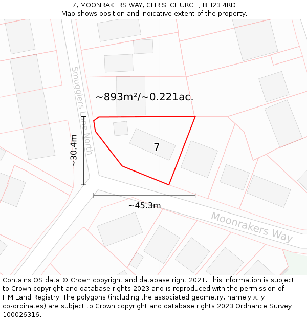 7, MOONRAKERS WAY, CHRISTCHURCH, BH23 4RD: Plot and title map