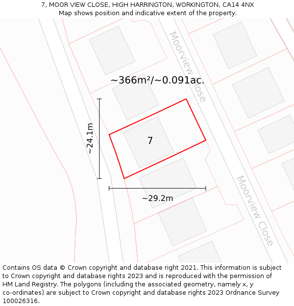 7, MOOR VIEW CLOSE, HIGH HARRINGTON, WORKINGTON, CA14 4NX: Plot and title map