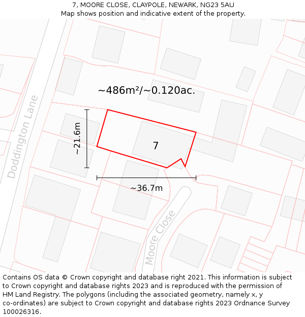 7, MOORE CLOSE, CLAYPOLE, NEWARK, NG23 5AU: Plot and title map