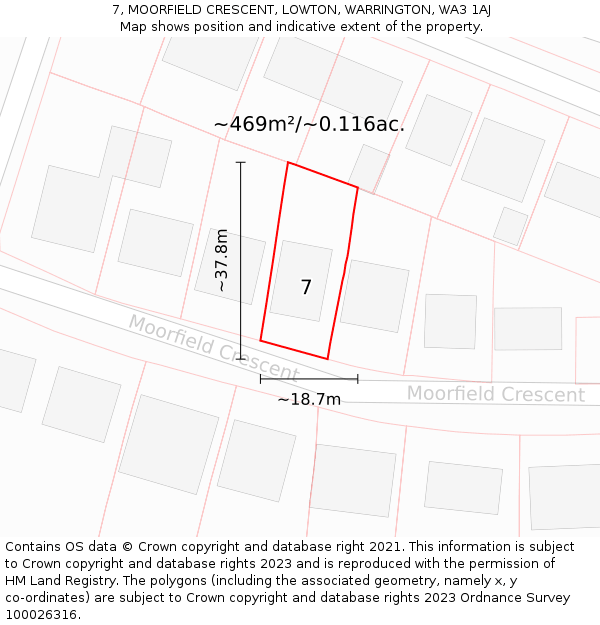 7, MOORFIELD CRESCENT, LOWTON, WARRINGTON, WA3 1AJ: Plot and title map