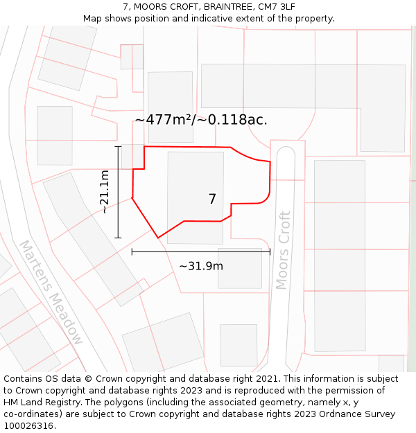 7, MOORS CROFT, BRAINTREE, CM7 3LF: Plot and title map