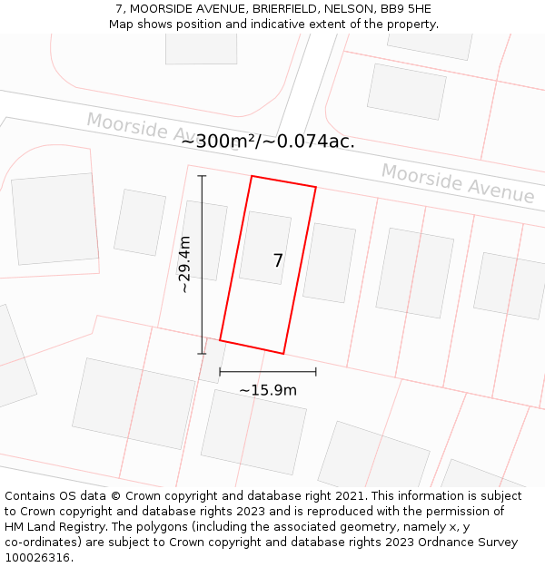 7, MOORSIDE AVENUE, BRIERFIELD, NELSON, BB9 5HE: Plot and title map