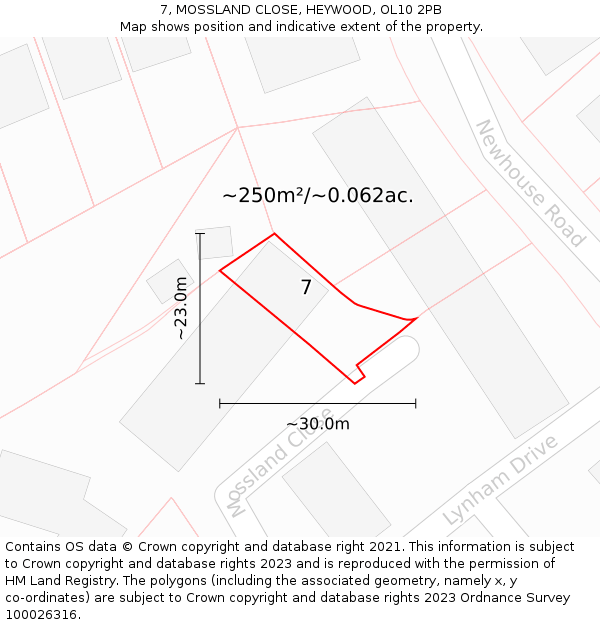 7, MOSSLAND CLOSE, HEYWOOD, OL10 2PB: Plot and title map