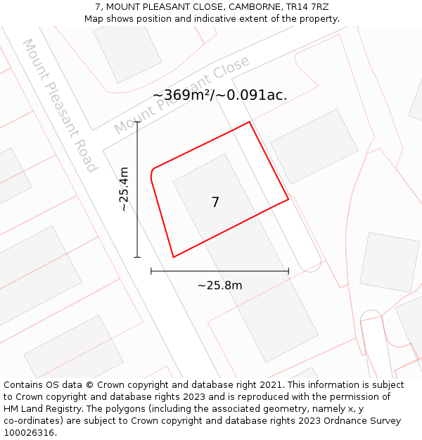 7, MOUNT PLEASANT CLOSE, CAMBORNE, TR14 7RZ: Plot and title map