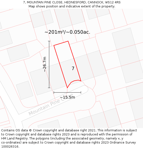 7, MOUNTAIN PINE CLOSE, HEDNESFORD, CANNOCK, WS12 4RS: Plot and title map