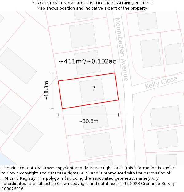7, MOUNTBATTEN AVENUE, PINCHBECK, SPALDING, PE11 3TP: Plot and title map