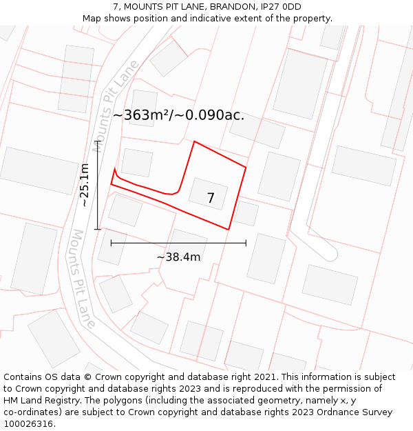 7, MOUNTS PIT LANE, BRANDON, IP27 0DD: Plot and title map